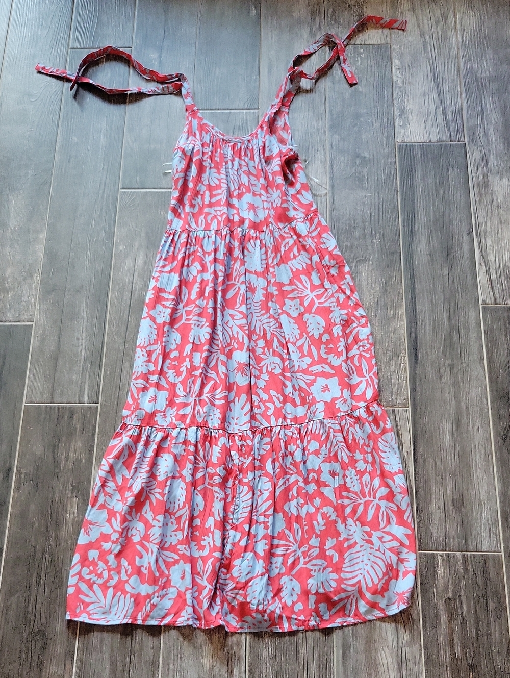 Womens Coral Floral Tiered Sundress with Tie Straps